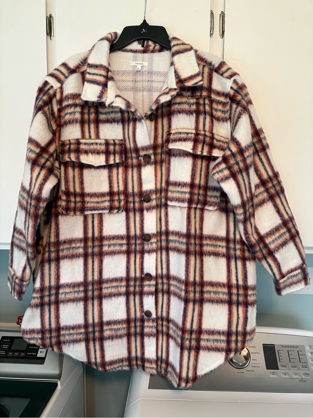 Maurices Faux Wool Plaid Shacket SZ 1X Cream/Rust/Blue
